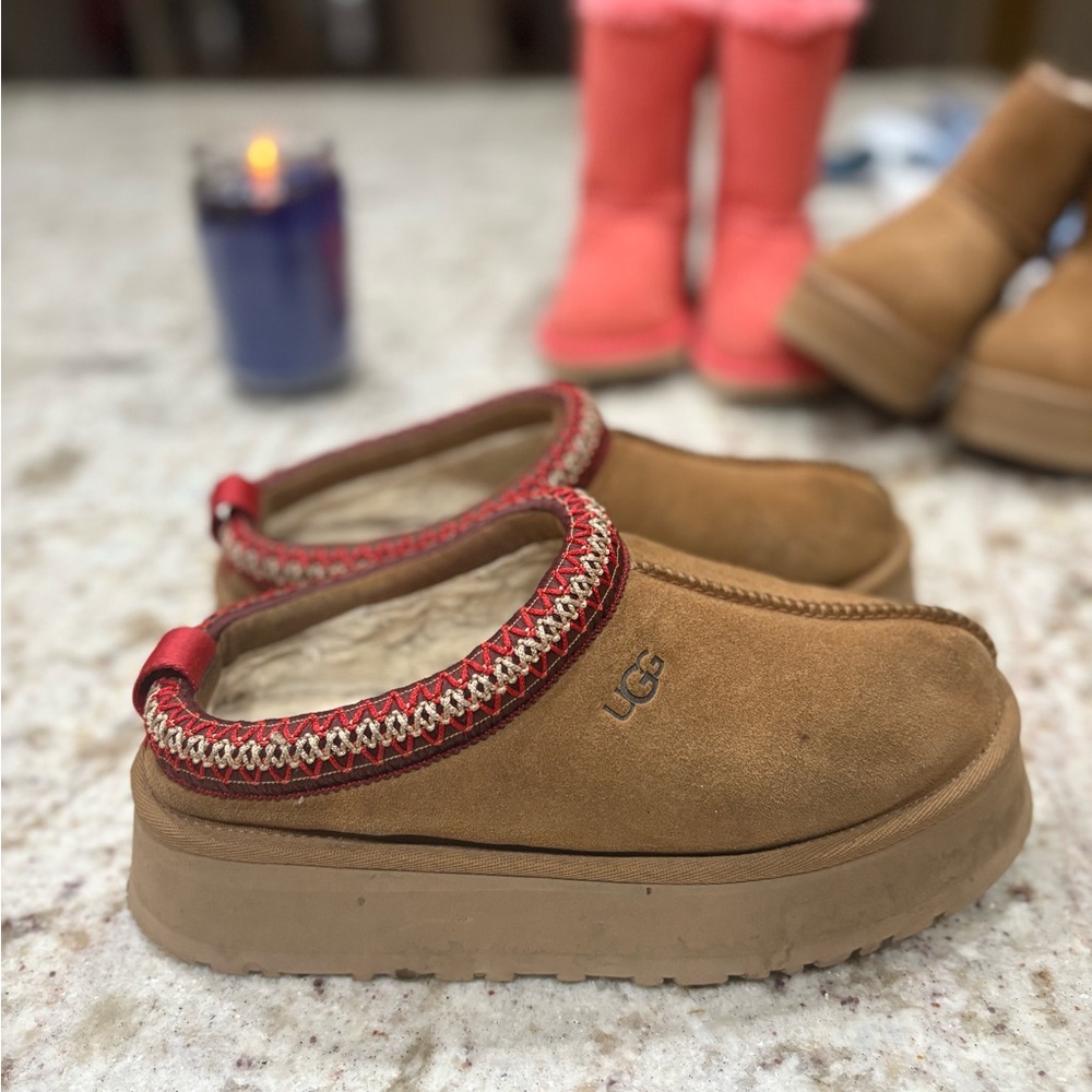 UGG Kids Tan Slippers with Red Trim